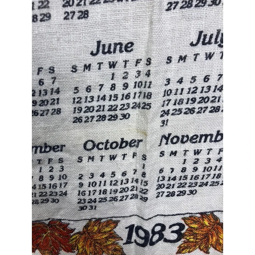 Vintage Tea Towel‎ Calendar White 1983 Covered Bridge Fall Linen Cottage